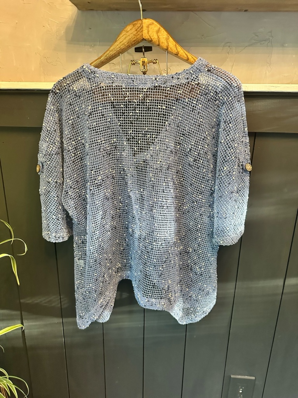 LuLu-B Women's Blue Open Weave Mesh Cardigan Large Wooden Buttons Size XL - Picture 2 of 10